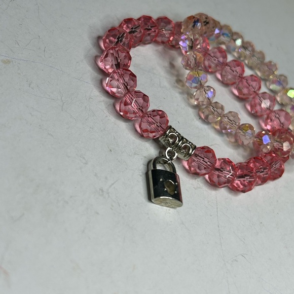 Pink Crystal Lock Charm Bracelet Set - Picture 1 of 3